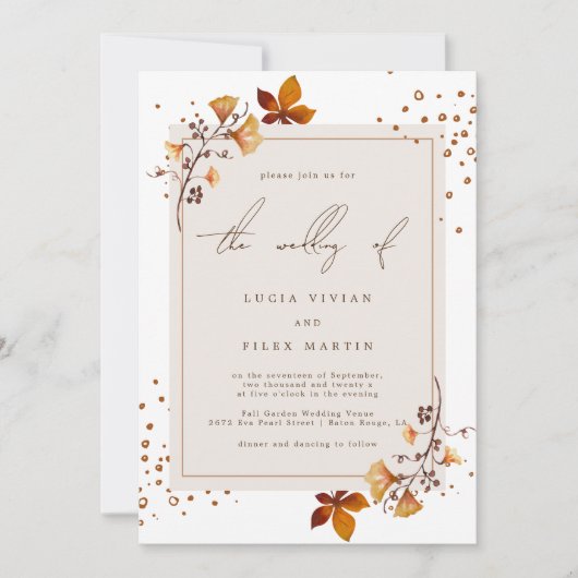 Elegant Golden Autumn Leaf Wedding Kaart (Voorkant)
