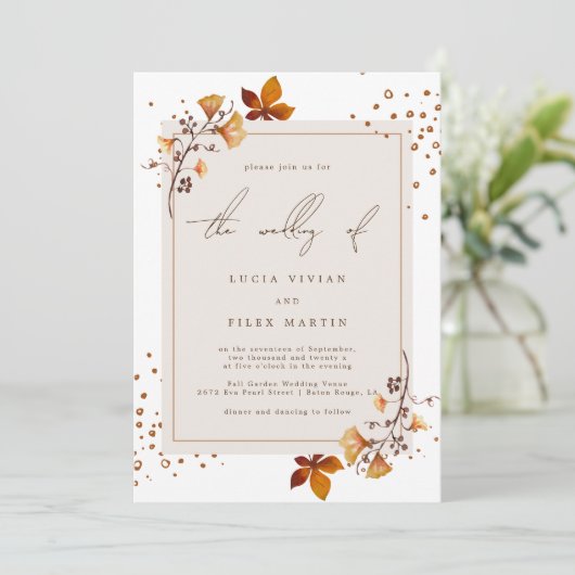 Elegant Golden Autumn Leaf Wedding Kaart (Staand voorkant)