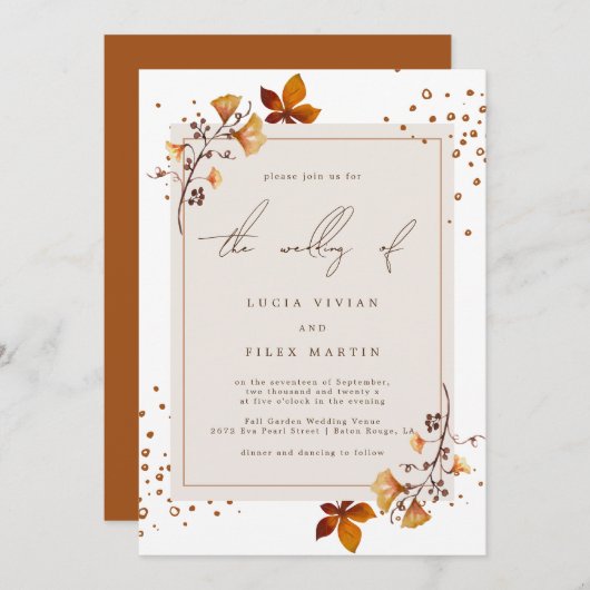 Elegant Golden Autumn Leaf Wedding Kaart (Voorkant / Achterkant)