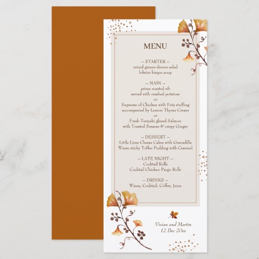 Elegant Golden Autumn Leaf Wedding Menu (Voorkant / Achterkant)