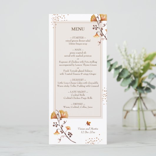 Elegant Golden Autumn Leaf Wedding Menu (Staand voorkant)