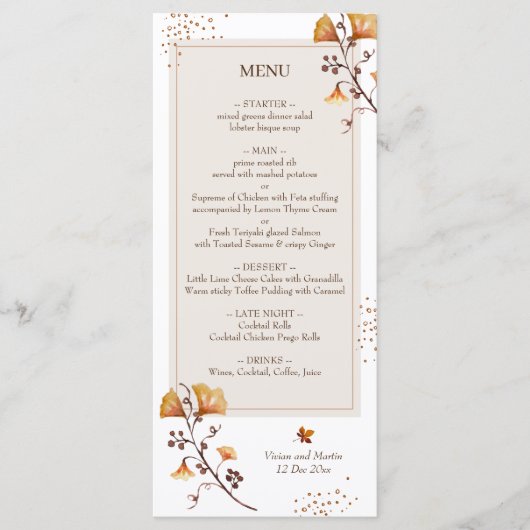 Elegant Golden Autumn Leaf Wedding Menu (Voorkant)