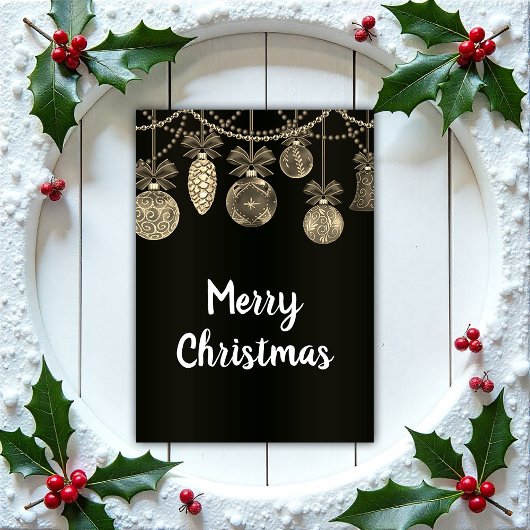 Elegant Golden Baubles on Black Christmas Card Kaart