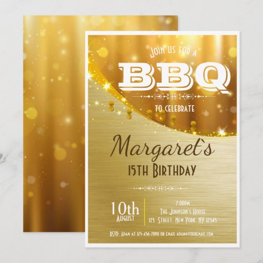 Elegant Golden BBQ Birthday Party Invite Kaart (Voorkant / Achterkant)