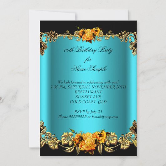 Elegant Golden Blauwgroen Blue Yellow Roses Birthd Kaart (Achterkant)