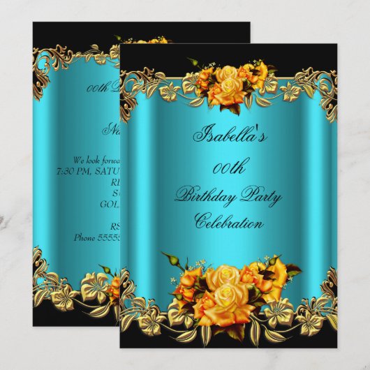 Elegant Golden Blauwgroen Blue Yellow Roses Birthd Kaart (Voorkant / Achterkant)