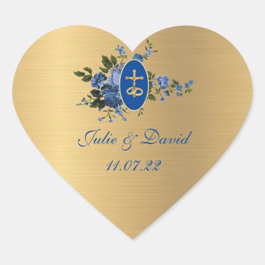 Elegant Golden Blue Wedding Floral Hart Sticker (Voorkant)