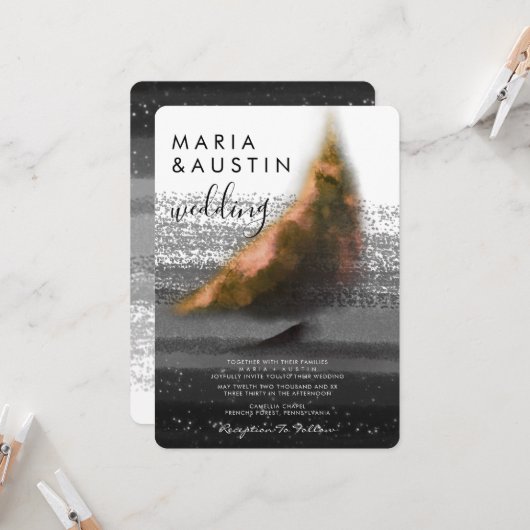 Elegant Golden Boat Black White Waterverf Wedding Kaart (Voorkant / Achterkant in situ)