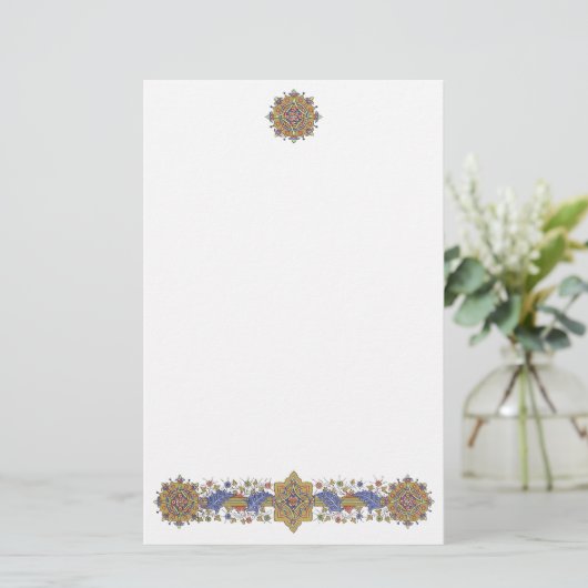 Elegant Golden Border with Blue Leaves Stationery Briefpapier (Staand voorkant)