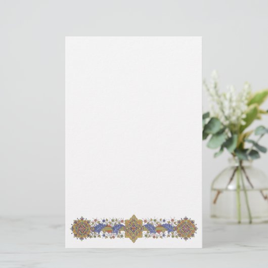Elegant Golden Border with Blue Leaves Stationery Briefpapier (Staand voorkant)