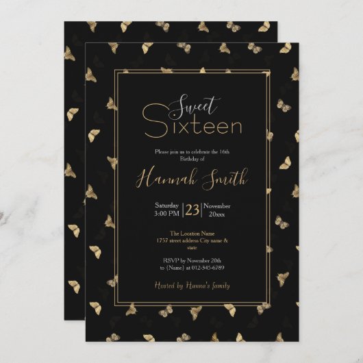 Elegant Golden Butterflies Black Pattern Kaart (Voorkant / Achterkant)