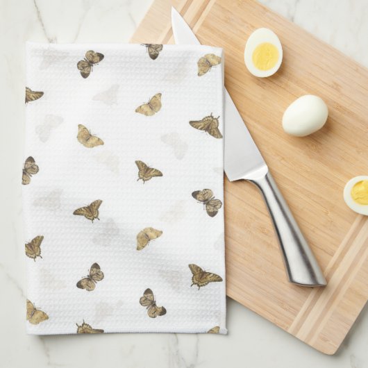 Elegant Golden Butterflies White Pattern Theedoek (Quarter Fold)