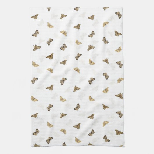 Elegant Golden Butterflies White Pattern Theedoek (Verticaal)