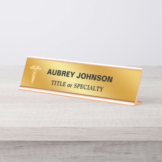 Elegant Golden Caduceus op gouden gradiënt Bureau Naambordje (Voorkant)