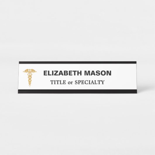 Elegant Golden Caduceus over White Bureau Naambordje (Voorkant)