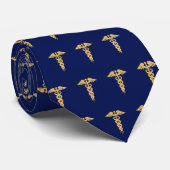 Elegant Golden Caduceus Pattern on Navy Blue Neck Stropdas (Opgerold)