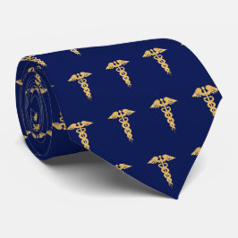 Elegant Golden Caduceus Pattern on Navy Blue Neck Stropdas