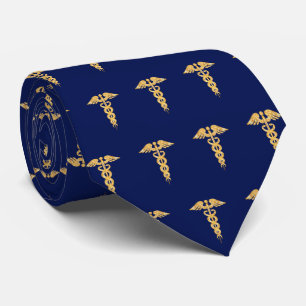 Elegant Golden Caduceus Pattern on Navy Blue Neck Stropdas