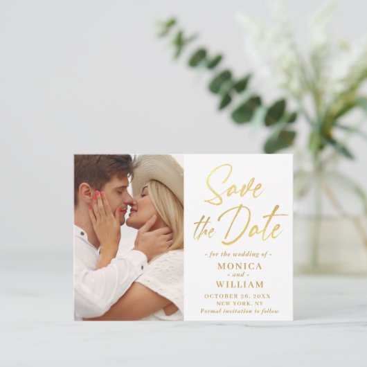 Elegant Golden Calligraphy Wedding Save the Date Briefkaart (Staand voorkant)