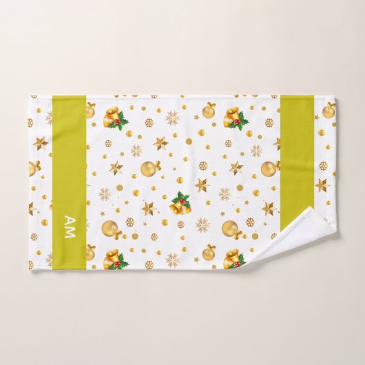 Elegant Golden Christmas Icons & Monogram on White Bad Handdoek (Handdoek)