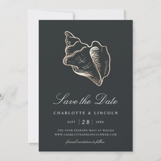 Elegant Golden Conch Shell Wedding Save The Date (Voorkant)