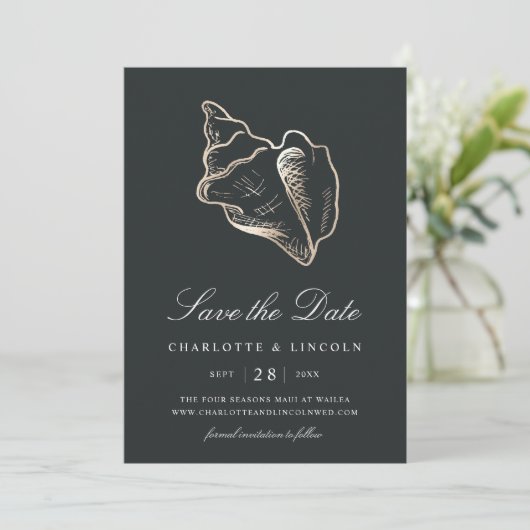Elegant Golden Conch Shell Wedding Save The Date (Staand voorkant)