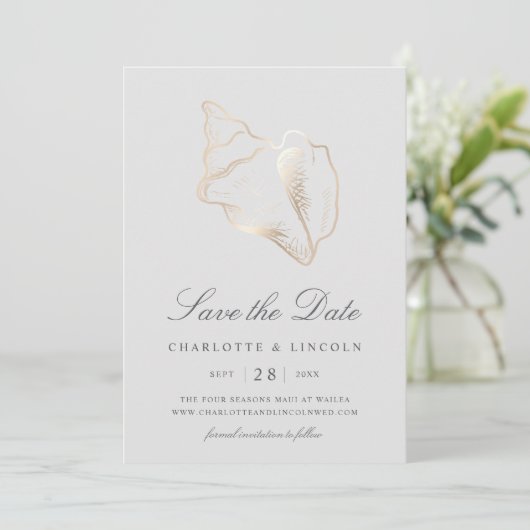Elegant Golden Conch Shell Wedding Save The Date (Staand voorkant)