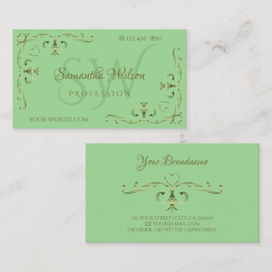 Elegant Golden  Corners Initialen Sage Green Visitekaartje (Voorkant / Achterkant)