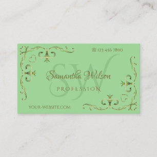 Elegant Golden  Corners Initialen Sage Green Visitekaartje