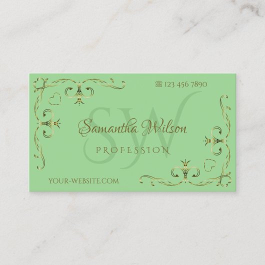 Elegant Golden  Corners Initialen Sage Green Visitekaartje (Voorkant)