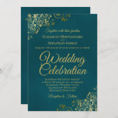 Elegant Golden Curls on Teal QR Code Wedding Kaart (Voorkant / Achterkant)