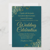 Elegant Golden Curls on Teal QR Code Wedding Kaart (Voorkant)