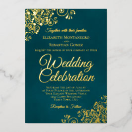 Elegant Golden Curls & Swirls Dark Teal Wedding Folie Uitnodiging