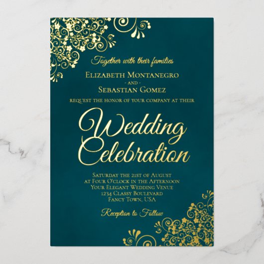 Elegant Golden Curls & Swirls Dark Teal Wedding Folie Uitnodiging (Voorkant)