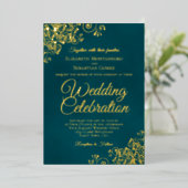 Elegant Golden Curls & Swirls Dark Teal Wedding Folie Uitnodiging (Staand Voorkant)