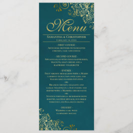 Elegant Golden Curls & Swirls on Teal Wedding Menu