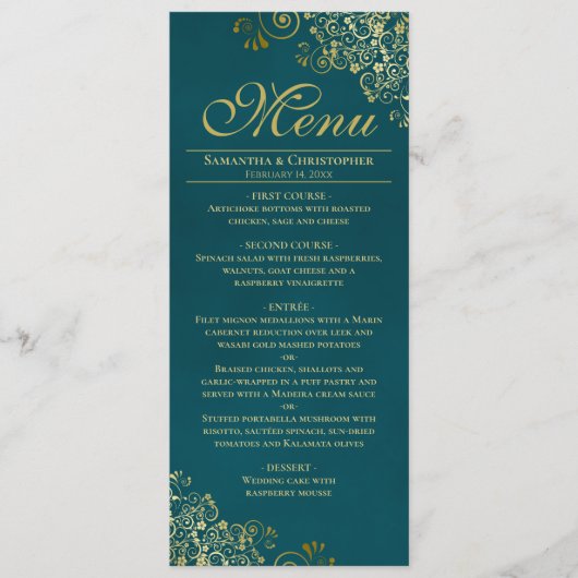 Elegant Golden Curls & Swirls on Teal Wedding Menu (Voorkant)