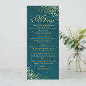 Elegant Golden Curls & Swirls on Teal Wedding Menu (Staand voorkant)