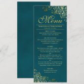 Elegant Golden Curls & Swirls on Teal Wedding Menu (Voorkant / Achterkant)