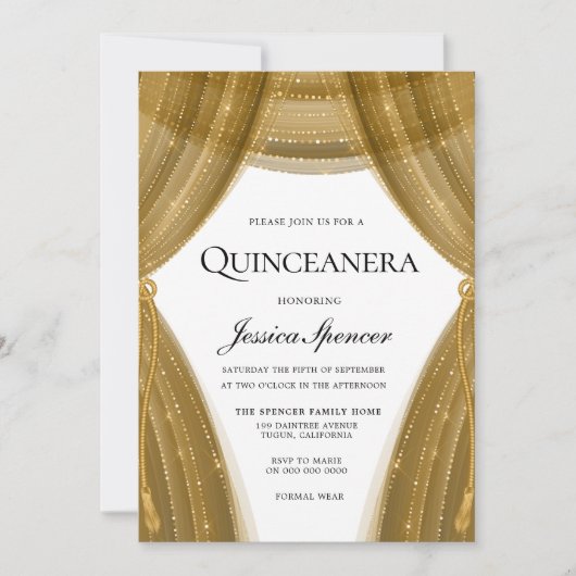 Elegant Golden Curtain Modern Quinceanera Kaart (Voorkant)