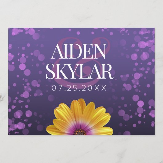 Elegant Golden Daisies met Paarse Glitter Wedding Programmakaart (Achterkant)