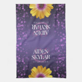 Elegant Golden Daisies met Paarse Glitter Wedding Theedoek (Verticaal)