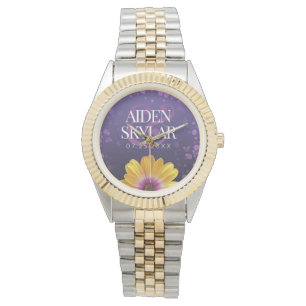 Elegant Golden Daisy met Paarse Glitter Wedding Horloge