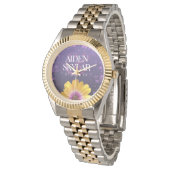Elegant Golden Daisy met Paarse Glitter Wedding Horloge (Gekanteld)