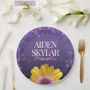 Elegant Golden Daisy met Paarse Glitter Wedding Papieren Bordje