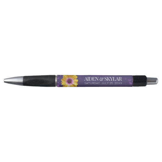 Elegant Golden Daisy met Paarse Glitter Wedding Pen (Voorkant)