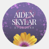 Elegant Golden Daisy met Paarse Glitter Wedding Ronde Sticker (Voorkant)