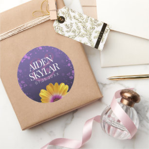 Elegant Golden Daisy met Paarse Glitter Wedding Ronde Sticker