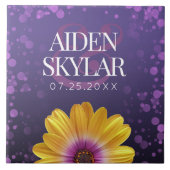 Elegant Golden Daisy met Paarse Glitter Wedding Tegeltje (Voorkant)