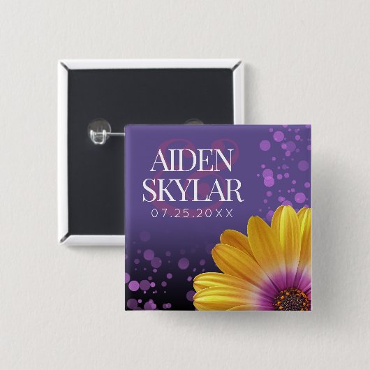 Elegant Golden Daisy met Paarse Glitter Wedding Vierkante Button 5,1 Cm (Voorkant /achterkant)